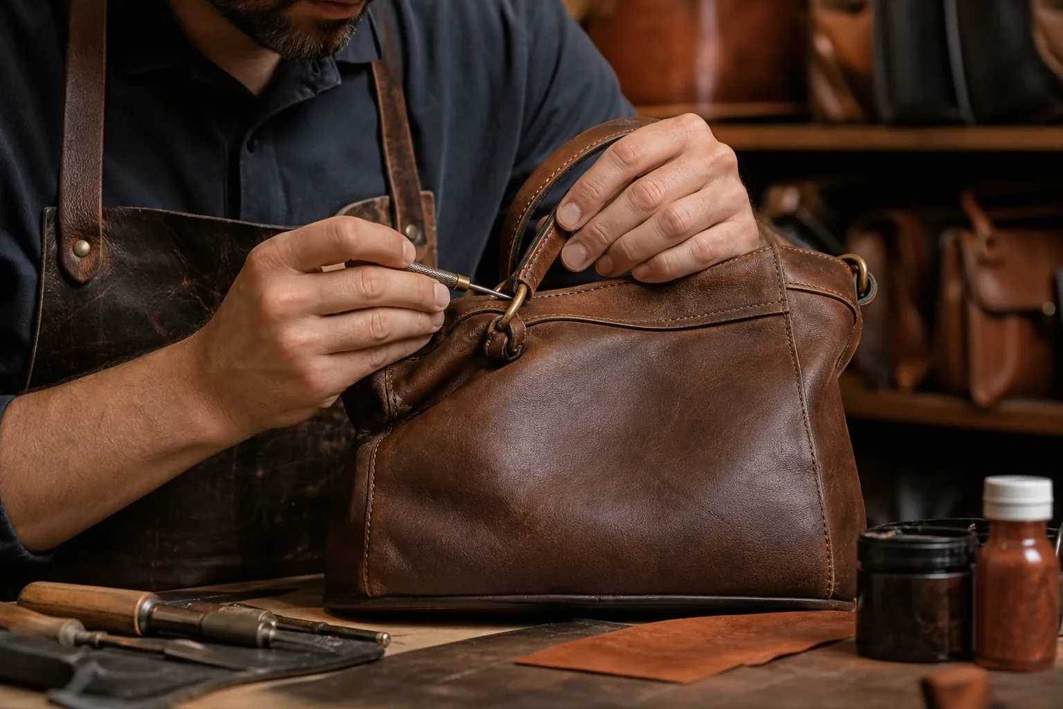 Sapateiro reformando uma bolsa de couro em Pindamonhangaba.