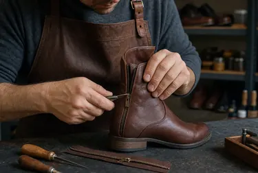 Sapateiro reparando o zíper de uma bota em Pindamonhangaba.